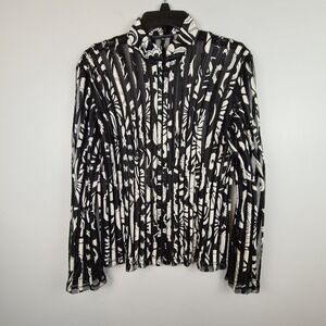 Sandra Darren Black Ivory‎ Mesh Stripe Blouse Light Zip Jacket Bell Sleeve Sz 10